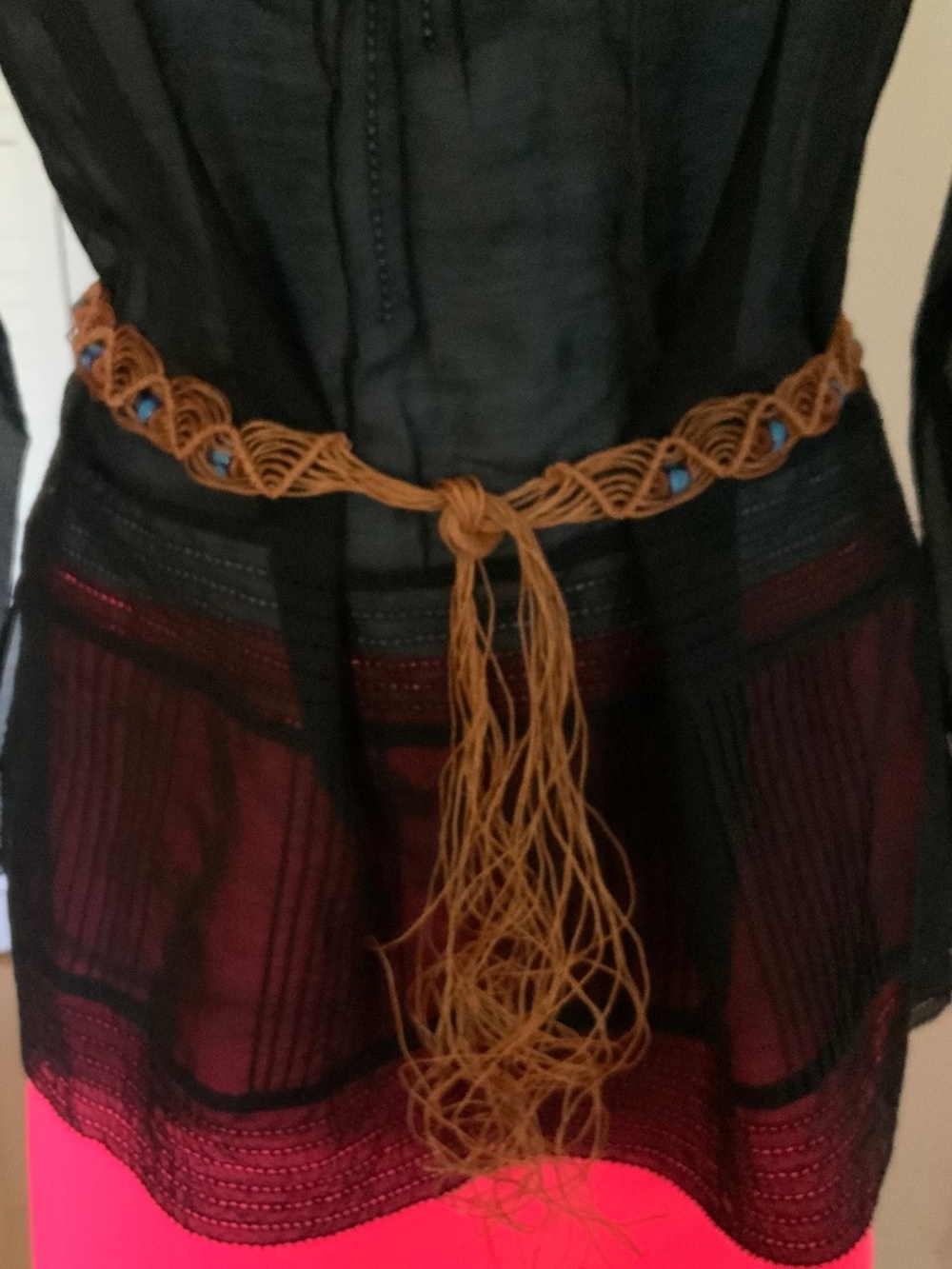 Hand crafted macrame belt with beads, colour brown cord, blue beads
